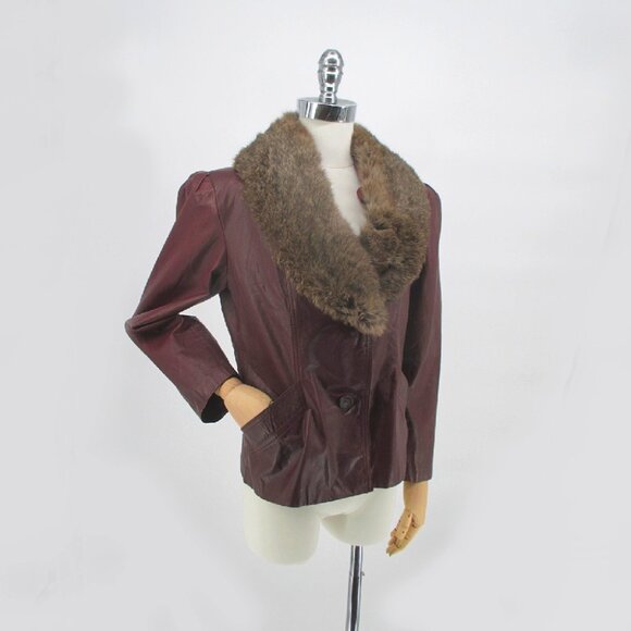 Vintage 70's Red Fur Collar Leather Jacket M - Picture 3 of 16